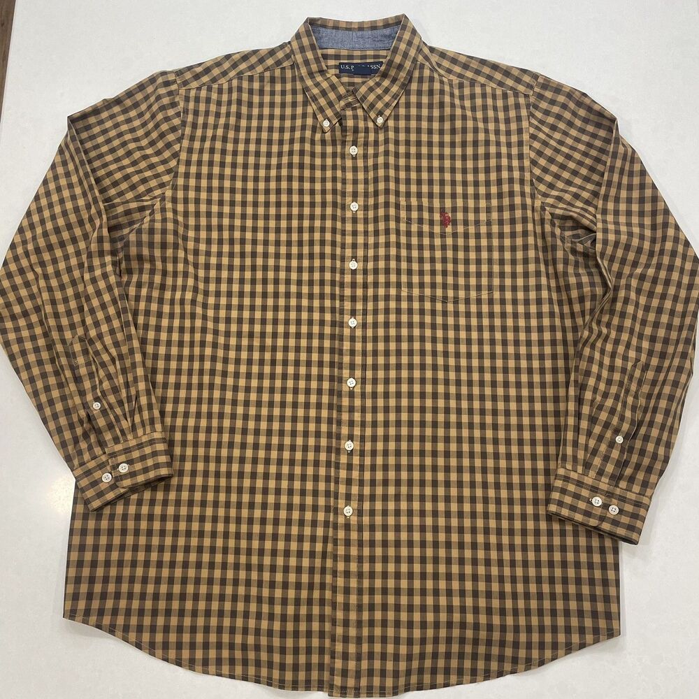 U.S. Polo Assn. Men’s 2XL Cotton brown / mustard Check LS Button-Down Red Pony